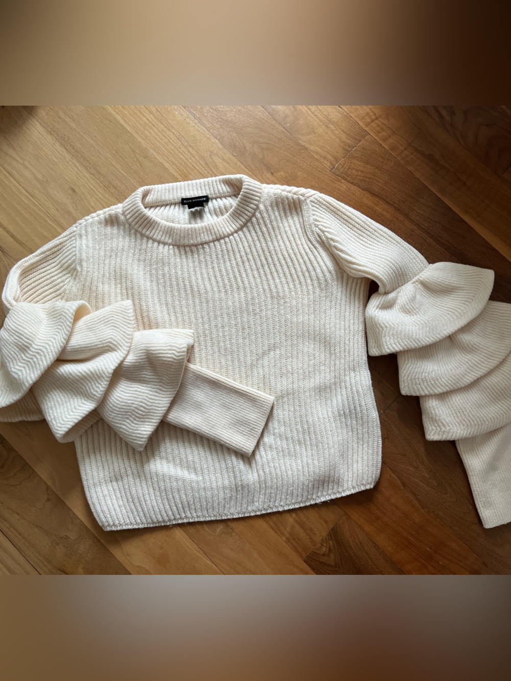 Club Monaco Cream Ruffle-Sleeve Ribbed Crewneck Sweater